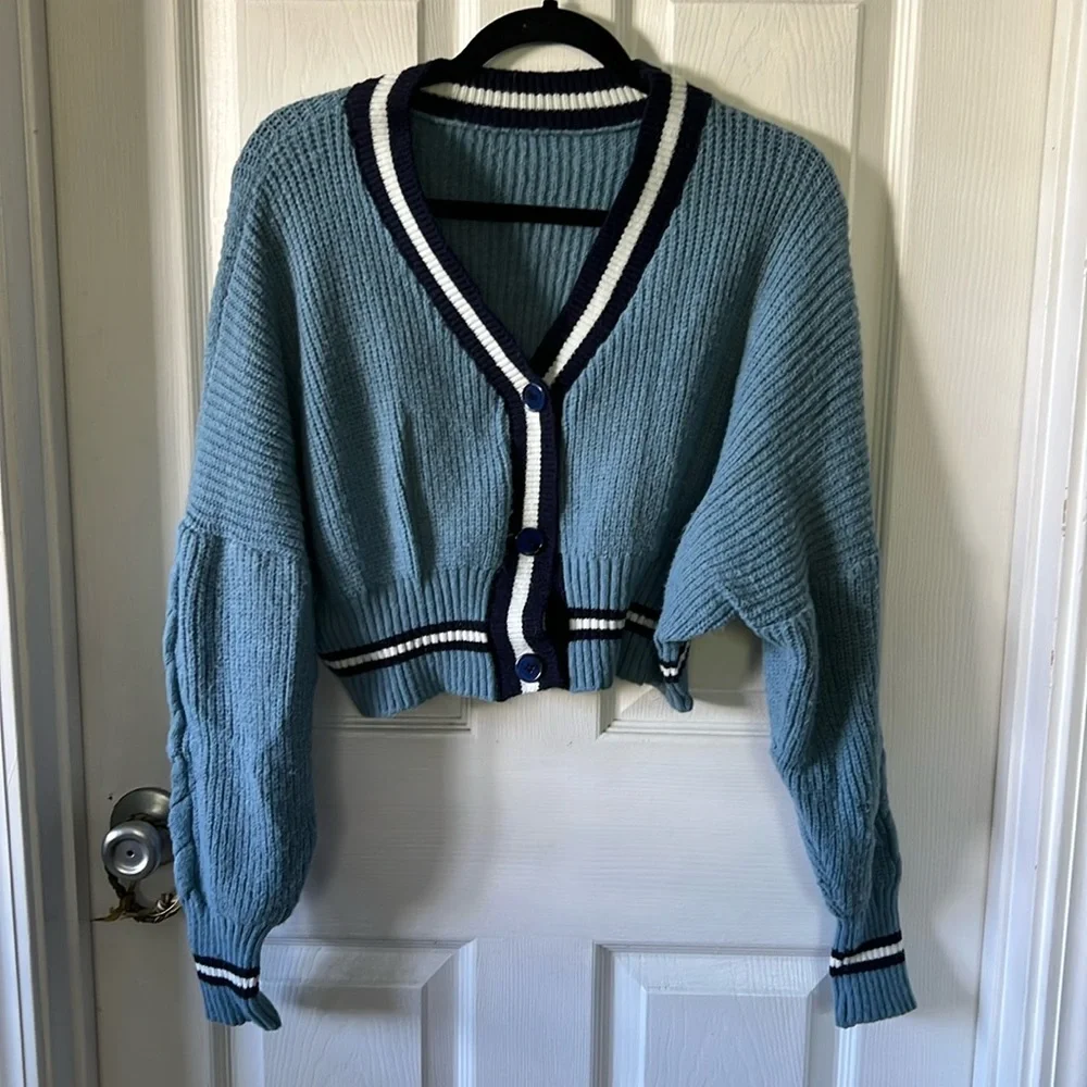 blue buttoned cardigan